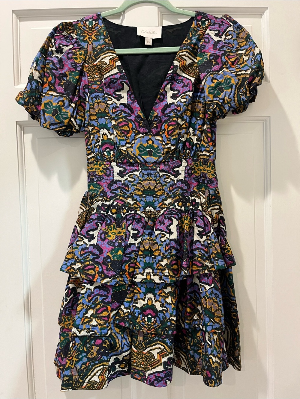 Cleobella Purple Multi-Print Tiered V-Neck Mini Dress